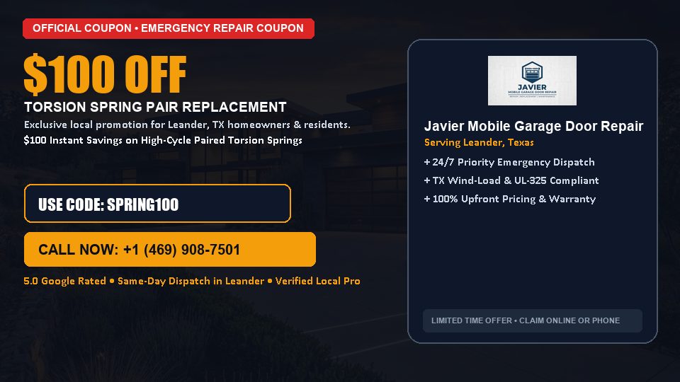 Javier Mobile Garage Door Repair $100 OFF Dual Torsion Spring Replacement in Leander, TX