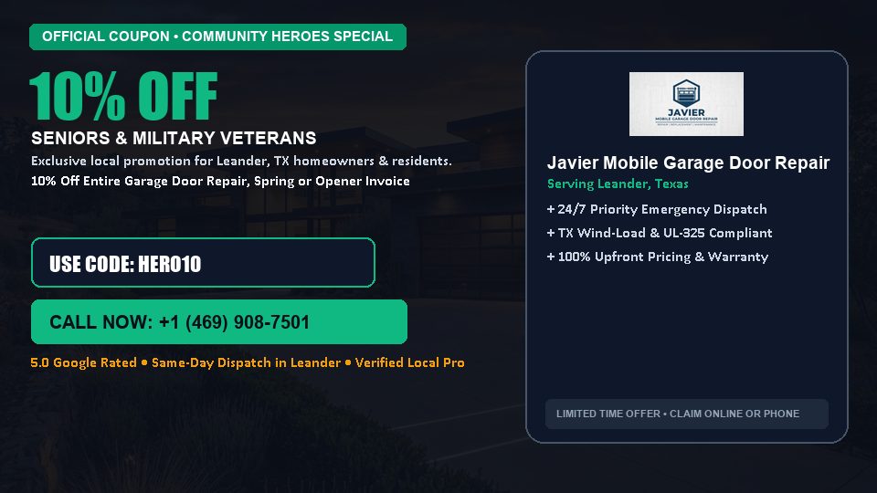 Javier Mobile Garage Door Repair 10% OFF Seniors & Military Veterans in Leander, TX